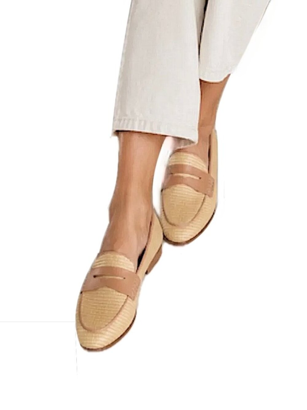 Veronica Beard Straw Color w Tan Penny Loafers Woven Raffia Leather Trim Sz 6.5